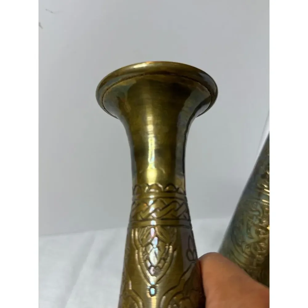 Vintage Brass Engraved Vases Set of 2 Arabic Motif Etched Brass Bud Vases 10” 11